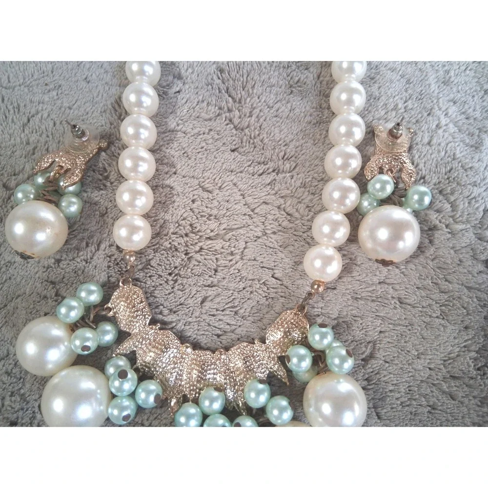 Plunder Design April 2018 Posse Statement Pearl Rhinestone Bib Necklace Earrings
